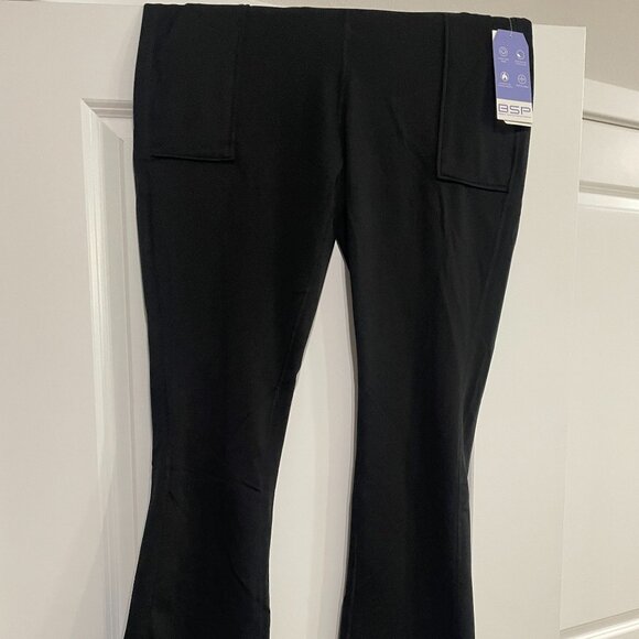 NWT BSP Fleece Lined Flare Yoga Pants XL Black High Waist Front Pockets - Picture 1 of 5